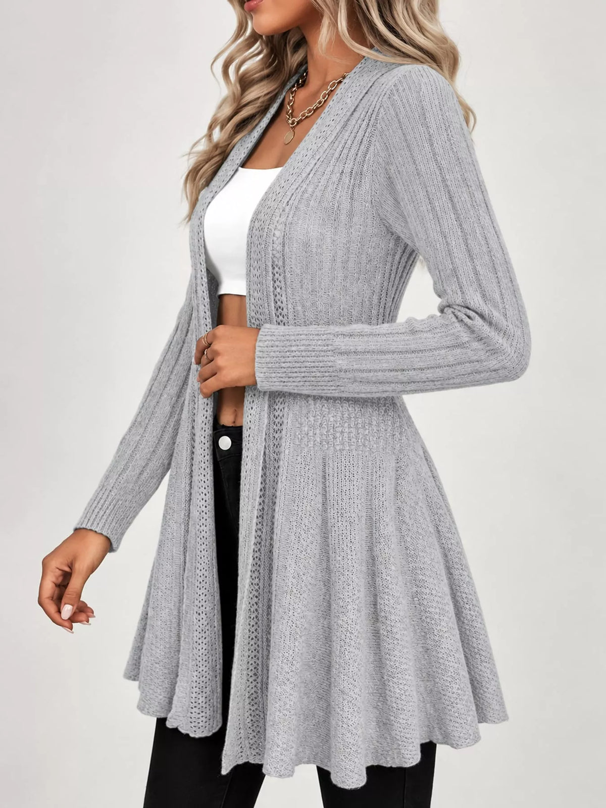 elegant ribbed knit open front flared cardigan | dropsona - neutral - front view