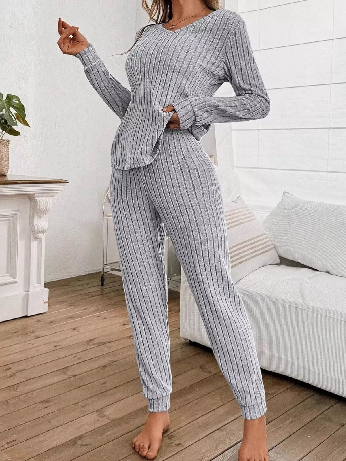 ribbed knit long sleeve top and pants loungewear set | dropsona - neutral - everyday use