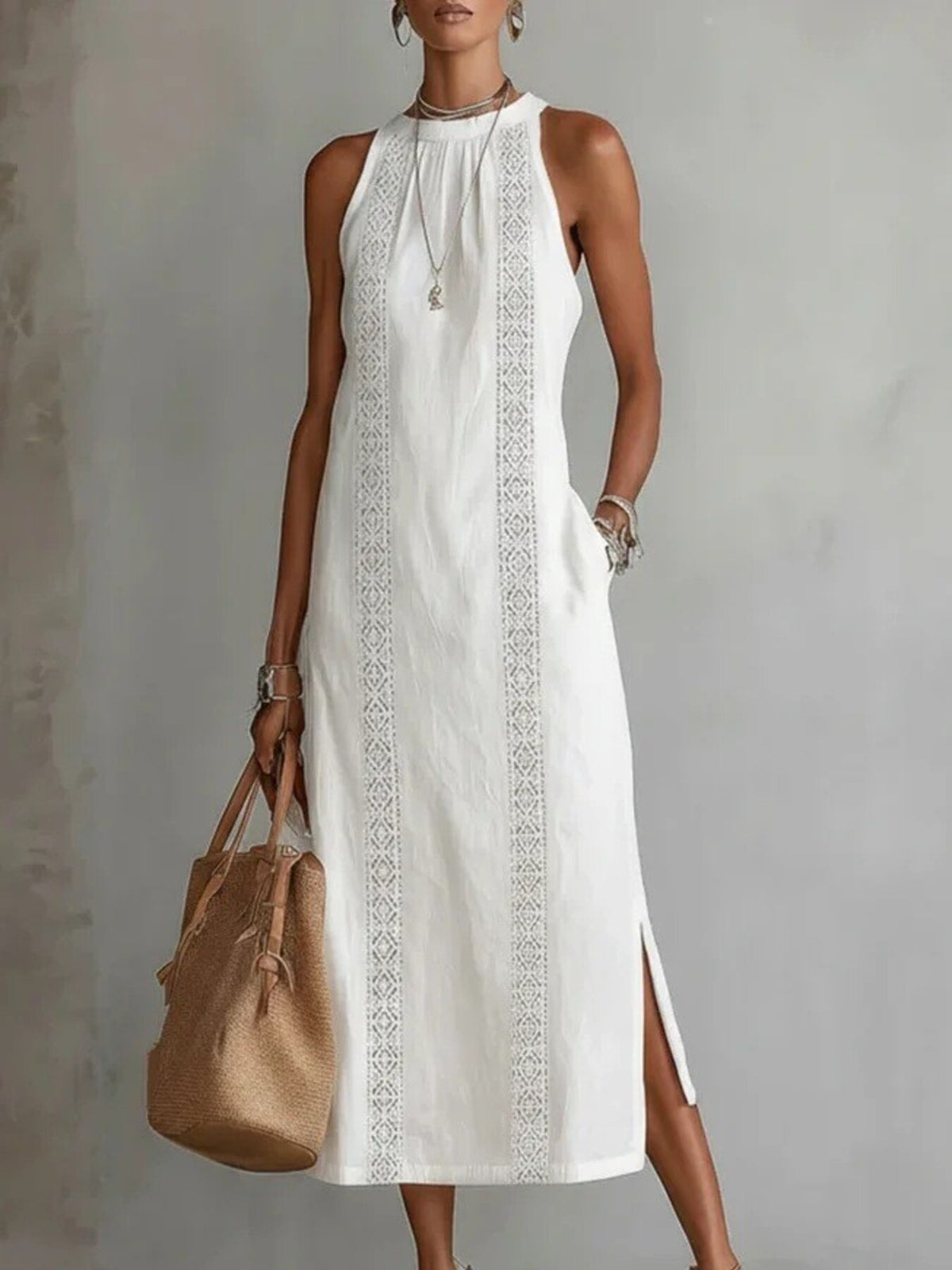 side slit sleeveless hollow-out trimmed midi dress | dropsona - neutral - everyday use