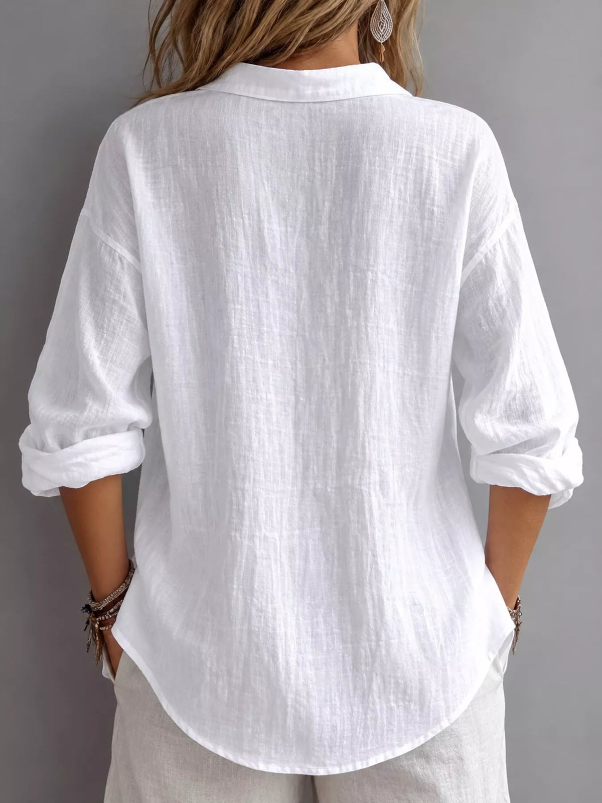 collared neck long sleeve blouse | dropsona - neutral - front view
