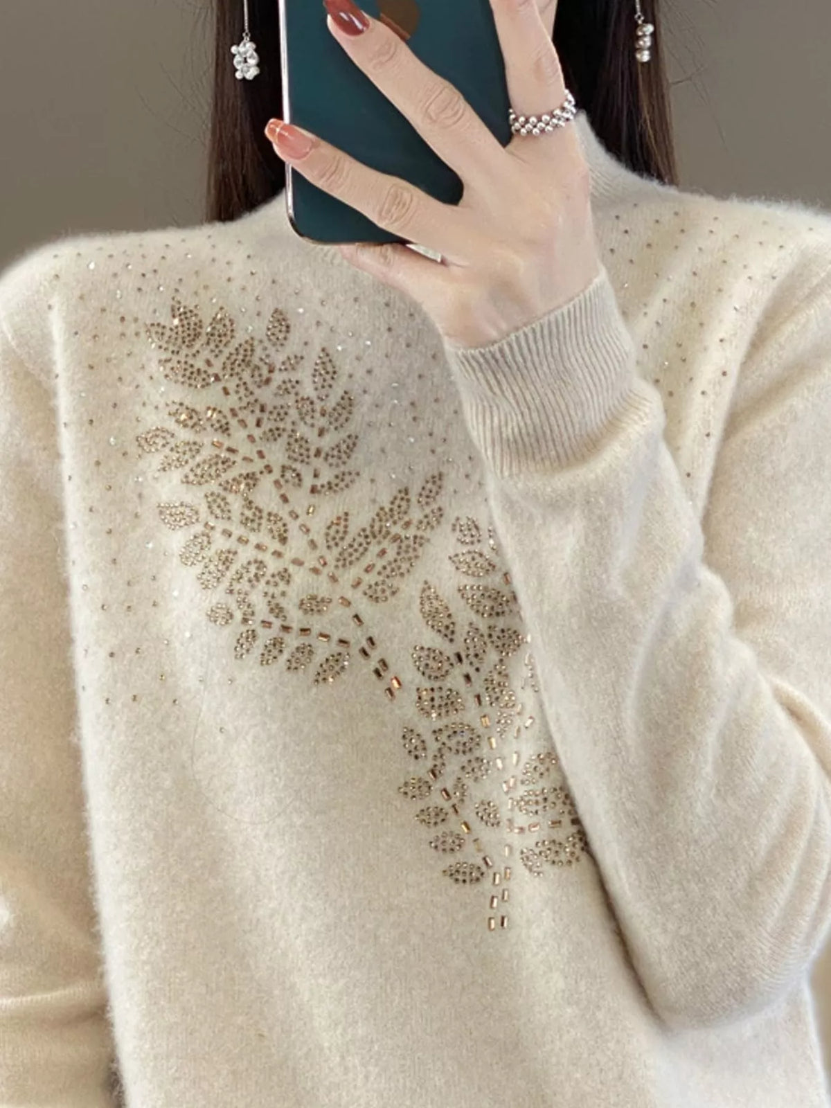 rhinestone leaf mock neck sweater | dropsona polyester - neutral - everyday use