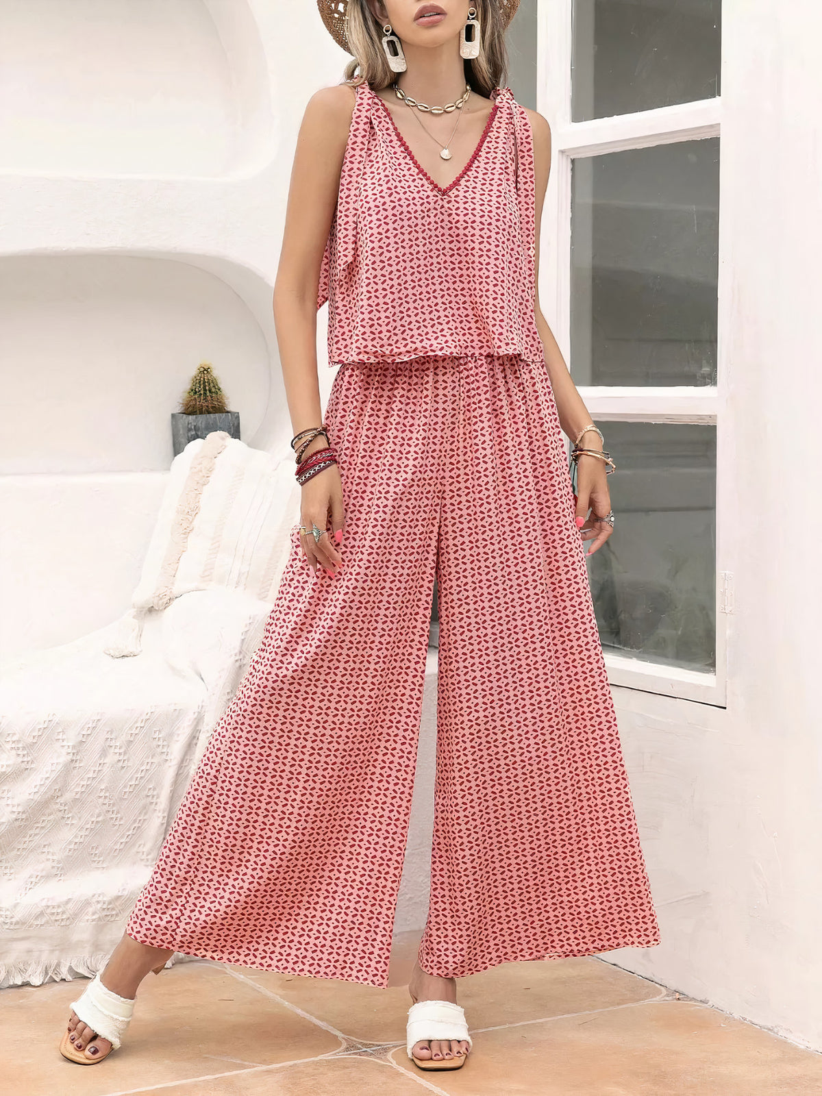 gingham tie shoulder top and pants set - everyday wear