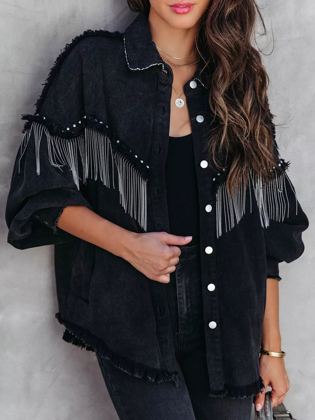 full size fringe embellished washed denim jacket plus | dropsona - neutral - everyday use