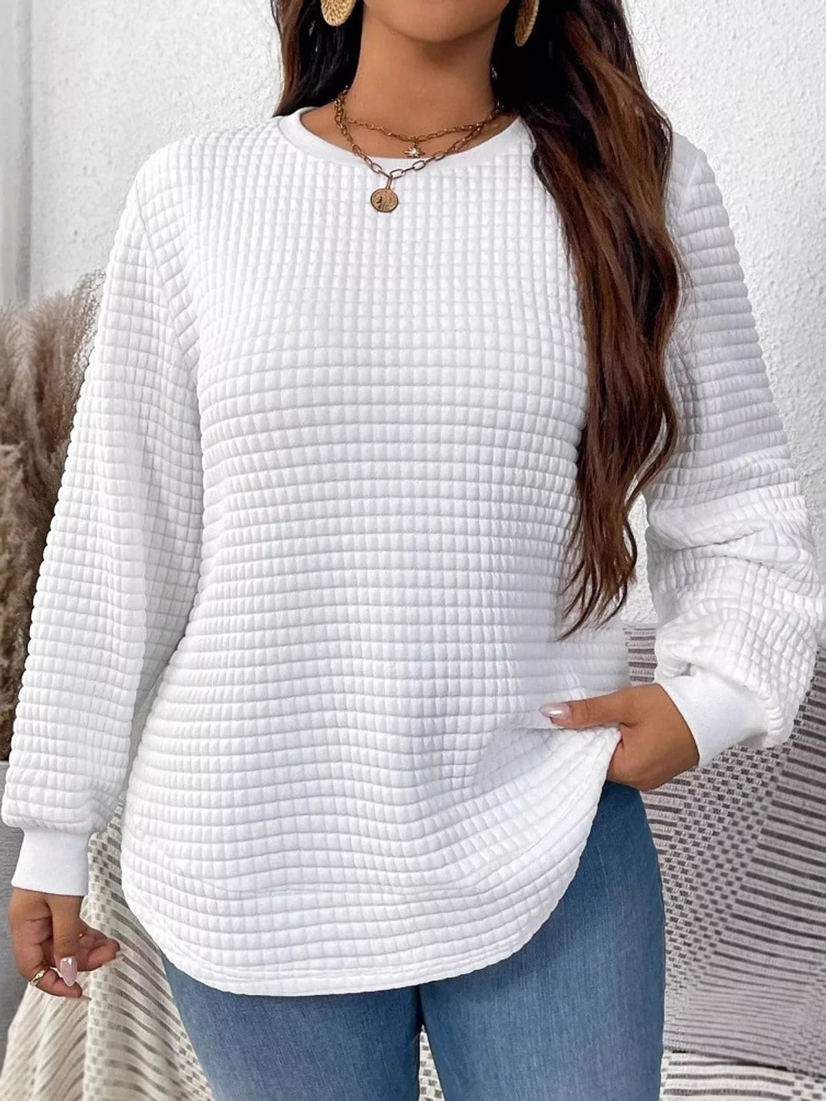 plus size textured waffle knit crew neck sweatshirt | dropsona - neutral - everyday use