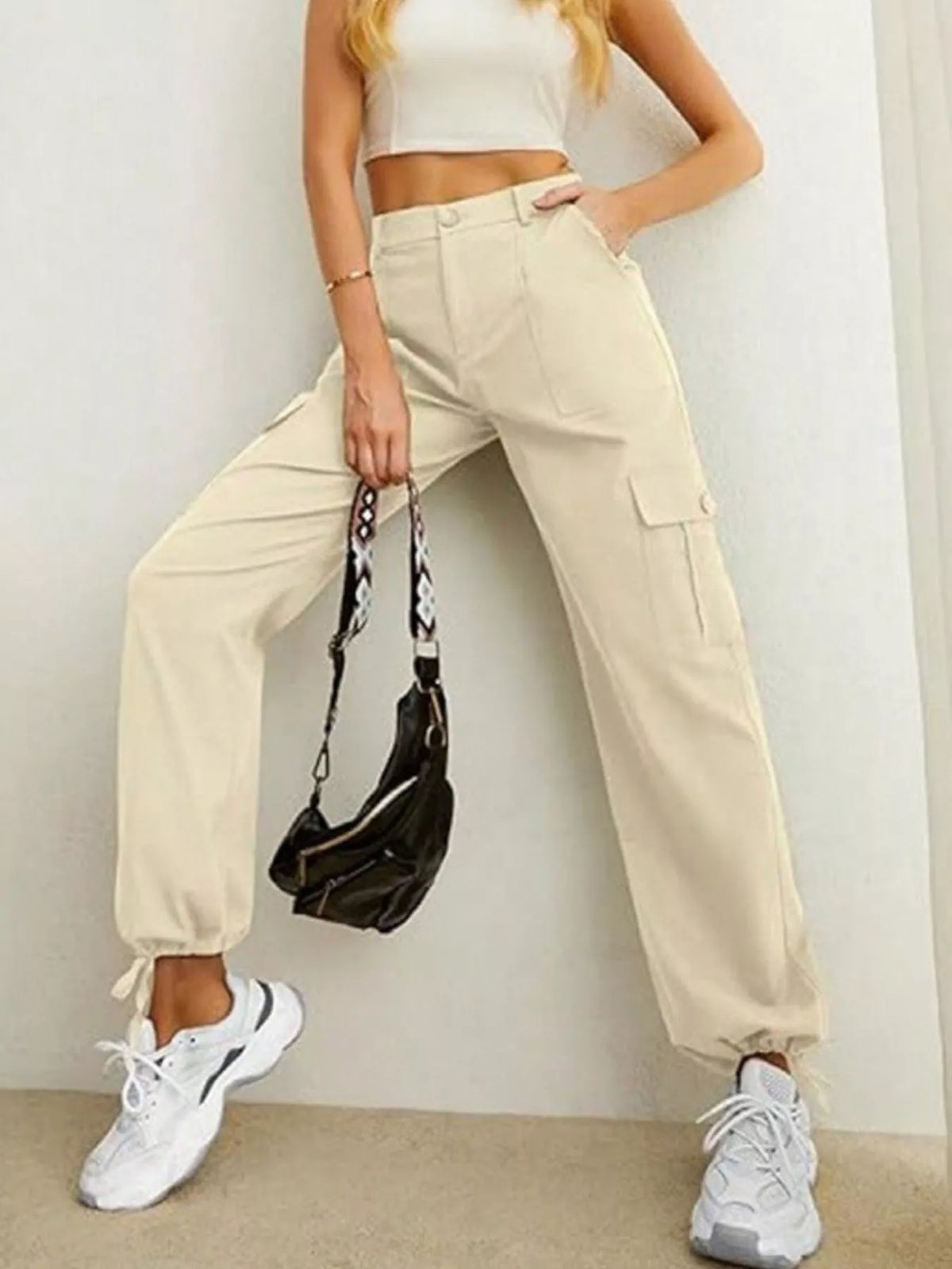 high-waisted cargo pants with drawstring cuffs | dropsona - neutral - everyday use