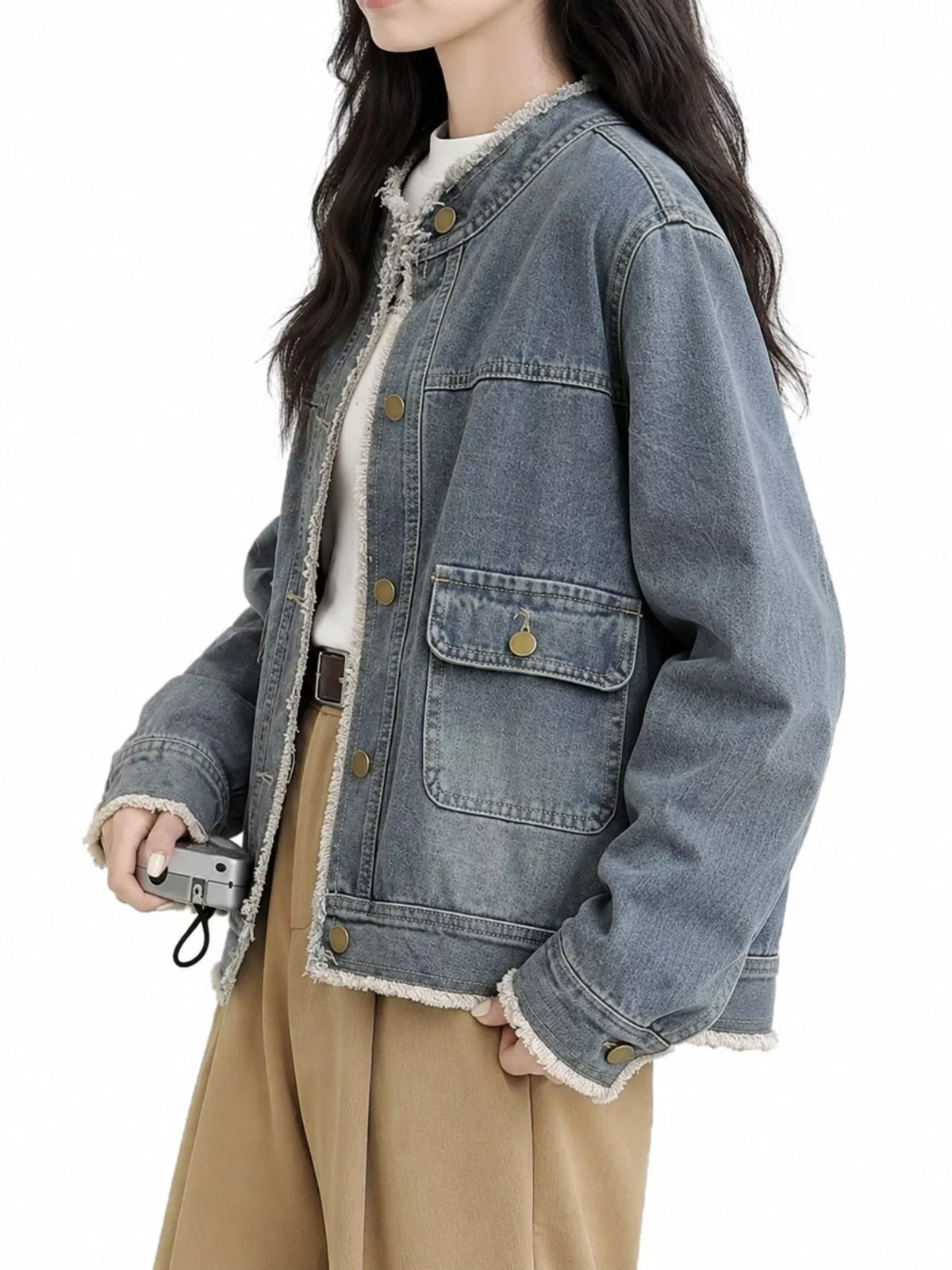 distressed frayed-edge denim jacket with utility | dropsona - neutral - front view