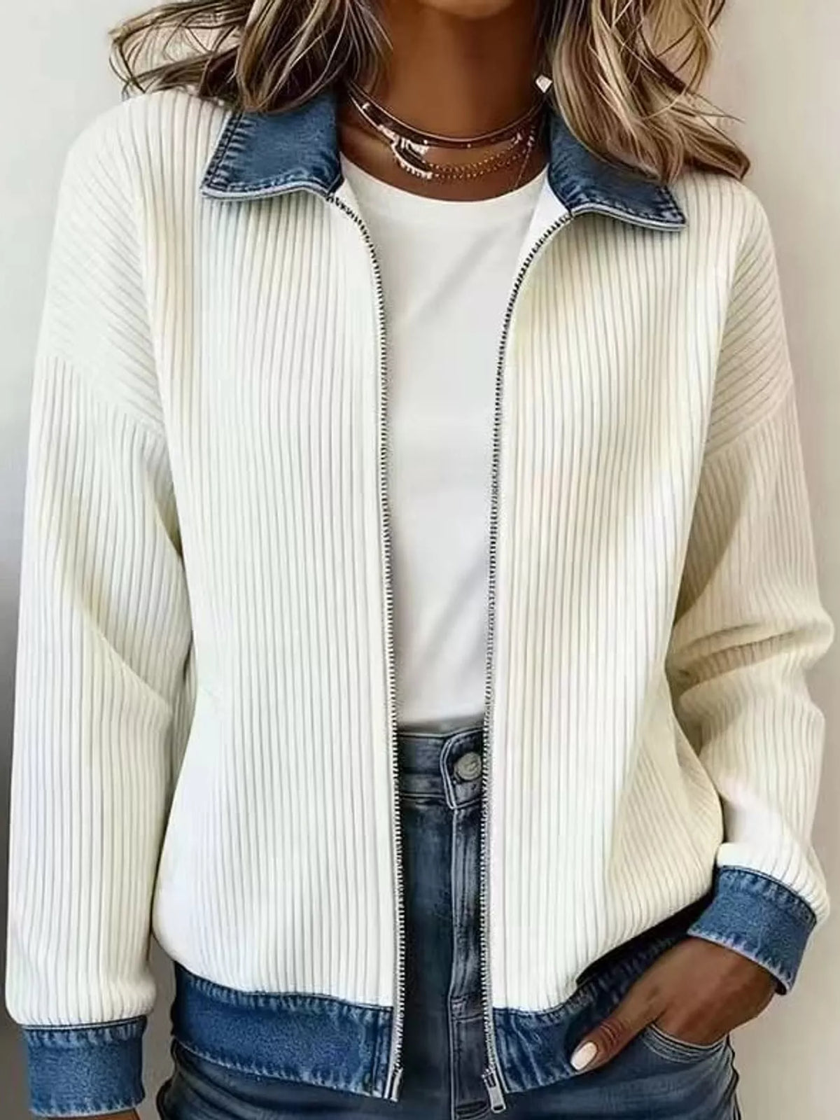 full size denim-collar ribbed knit zip-up jacket plus | dropsona - neutral - everyday use