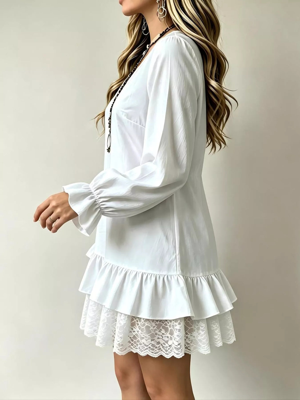 lace hem v-neck flounce sleeve dress | dropsona - neutral - front view