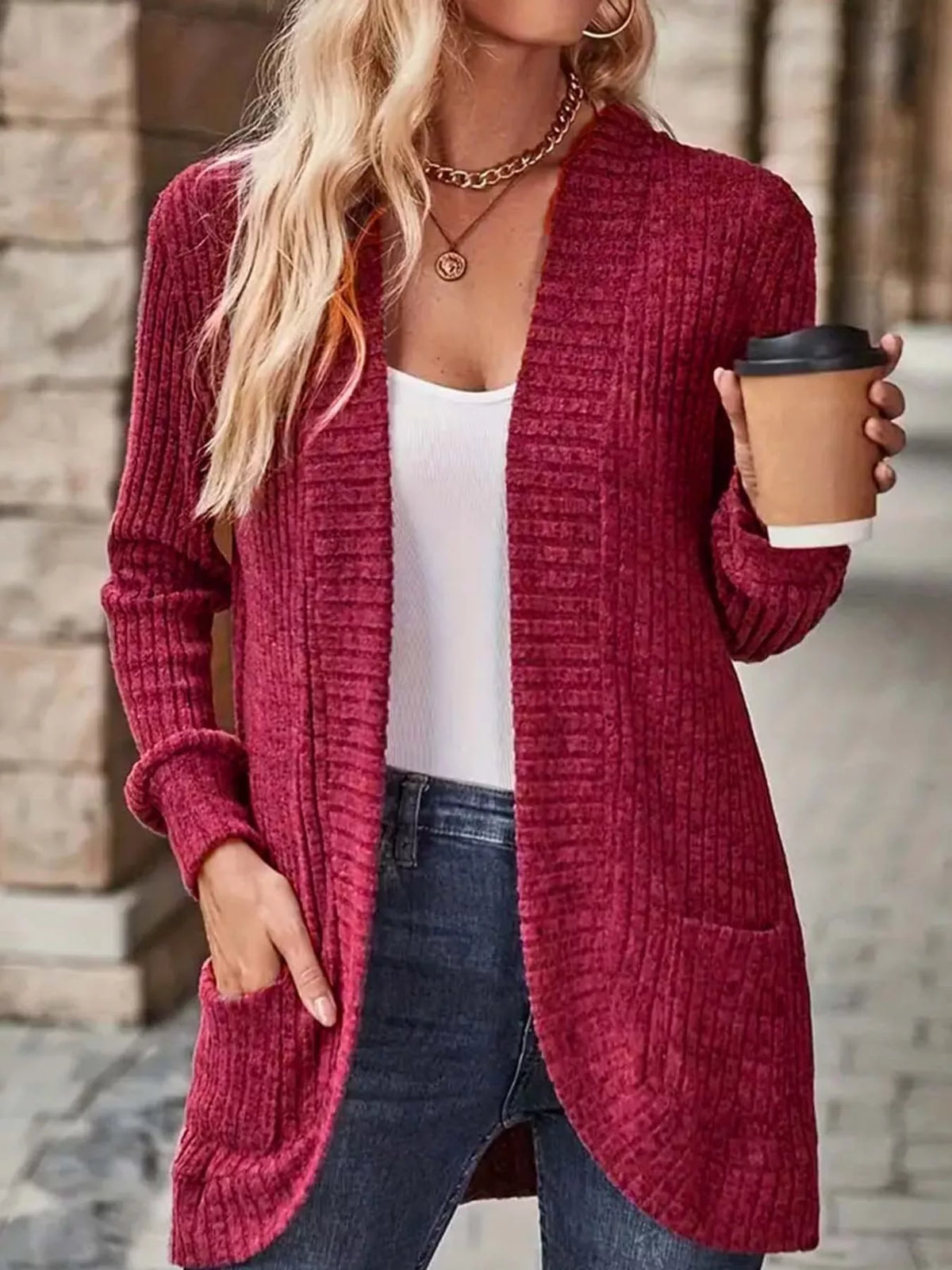 ribbed knit open front cardigan with pockets | dropsona - neutral - everyday use