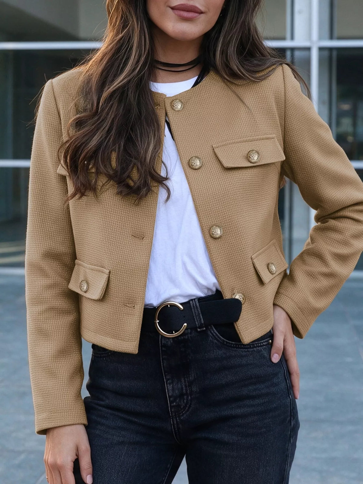 textured cropped jacket with gold-tone button | dropsona - neutral - everyday use