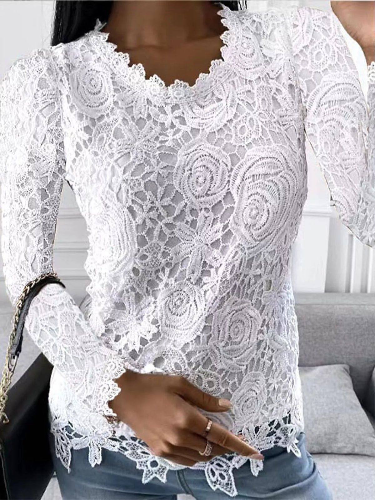 full size lace long sleeve blouse plus | dropsona - neutral - everyday use