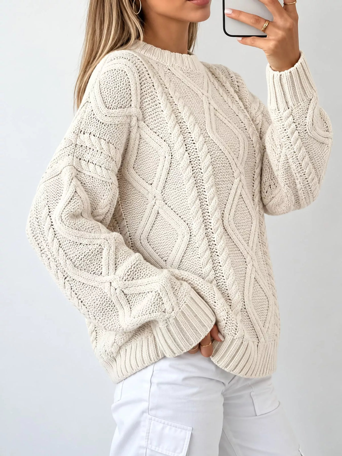 full size cable-knit round neck sweater plus | dropsona - neutral - front view
