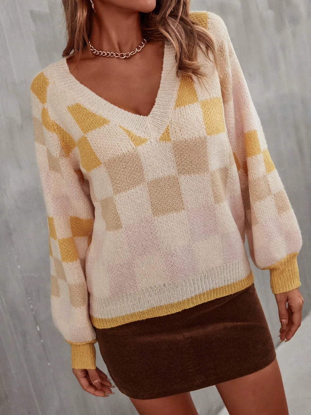 angel wings checkered v-neck lantern sleeve sweater | dropsona - neutral - front view