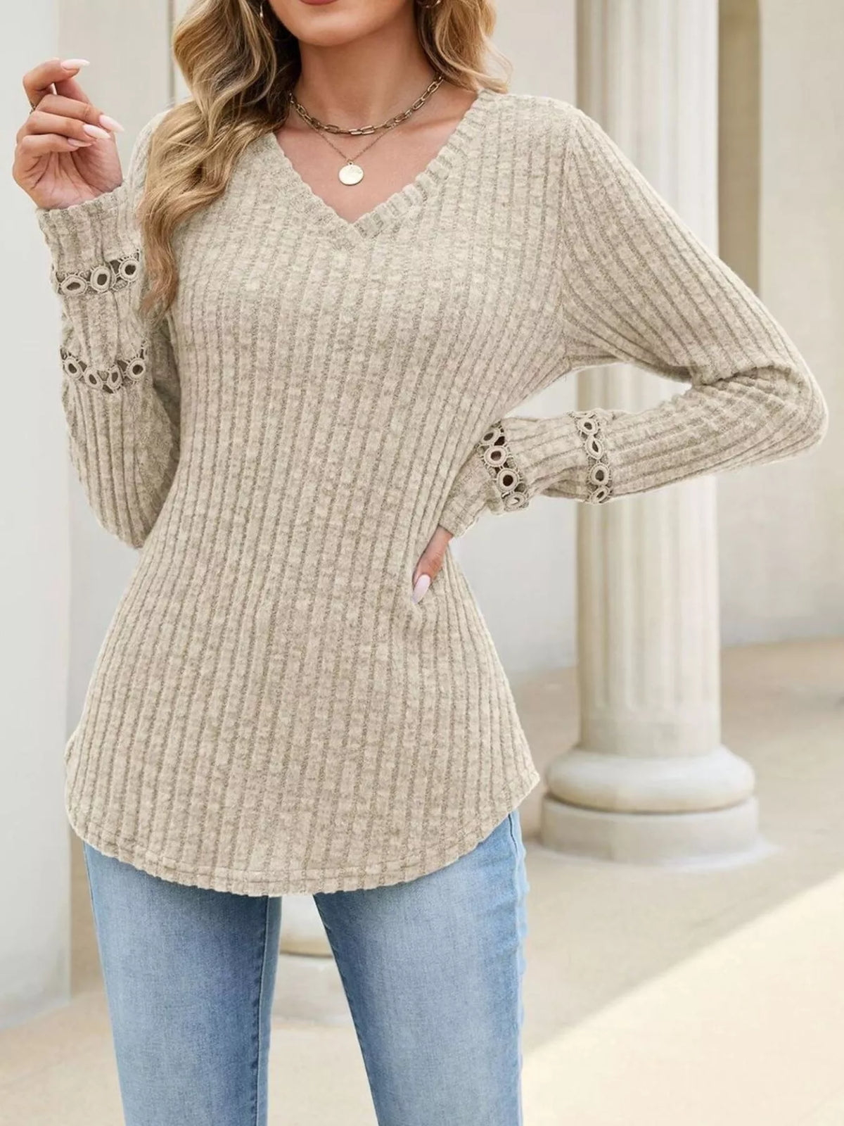 v-neck ribbed knit top with eyelet cuff detail | dropsona - neutral - everyday use