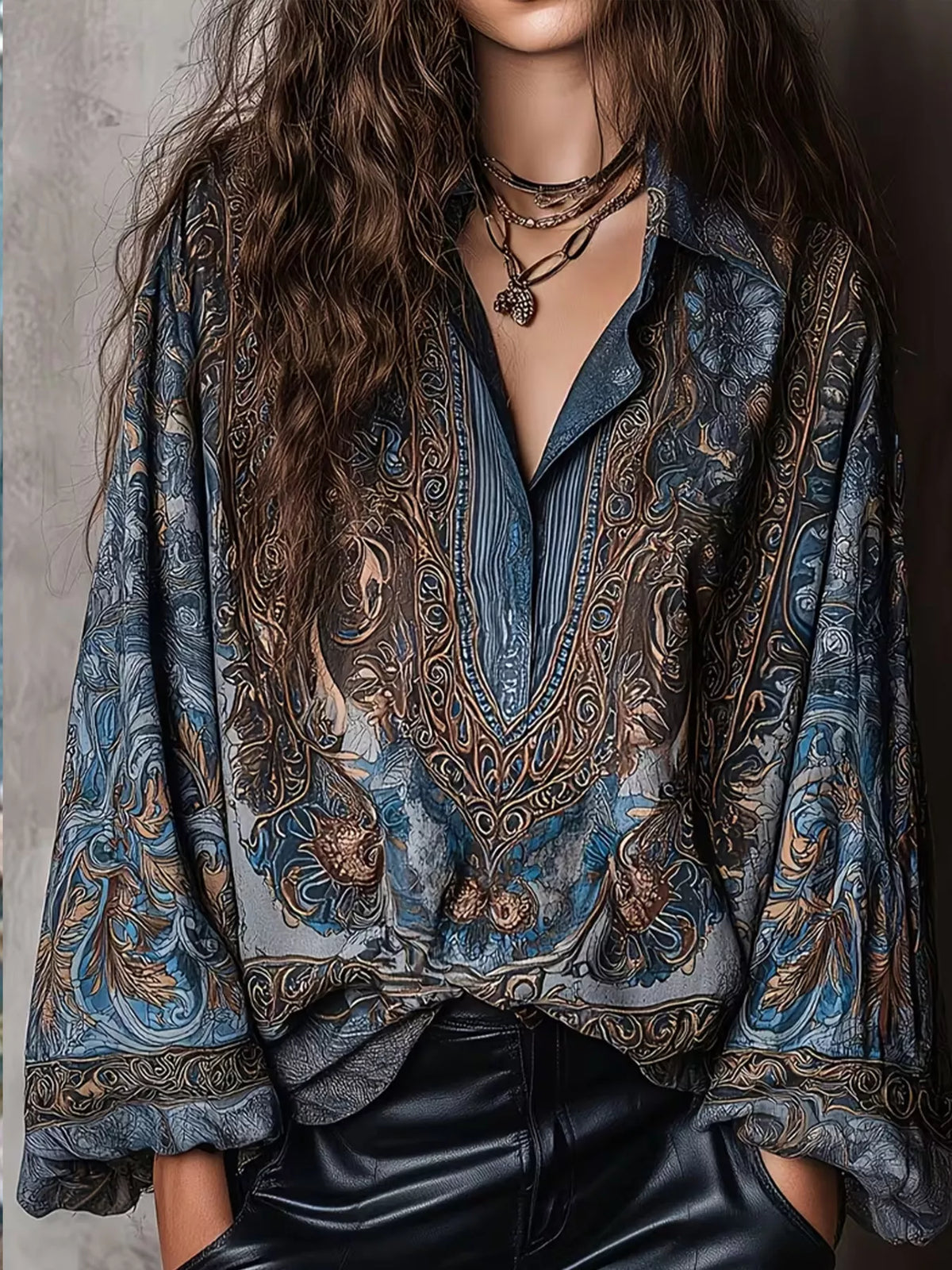 full size vintage print long sleeve oversized blouse | dropsona - neutral - everyday use