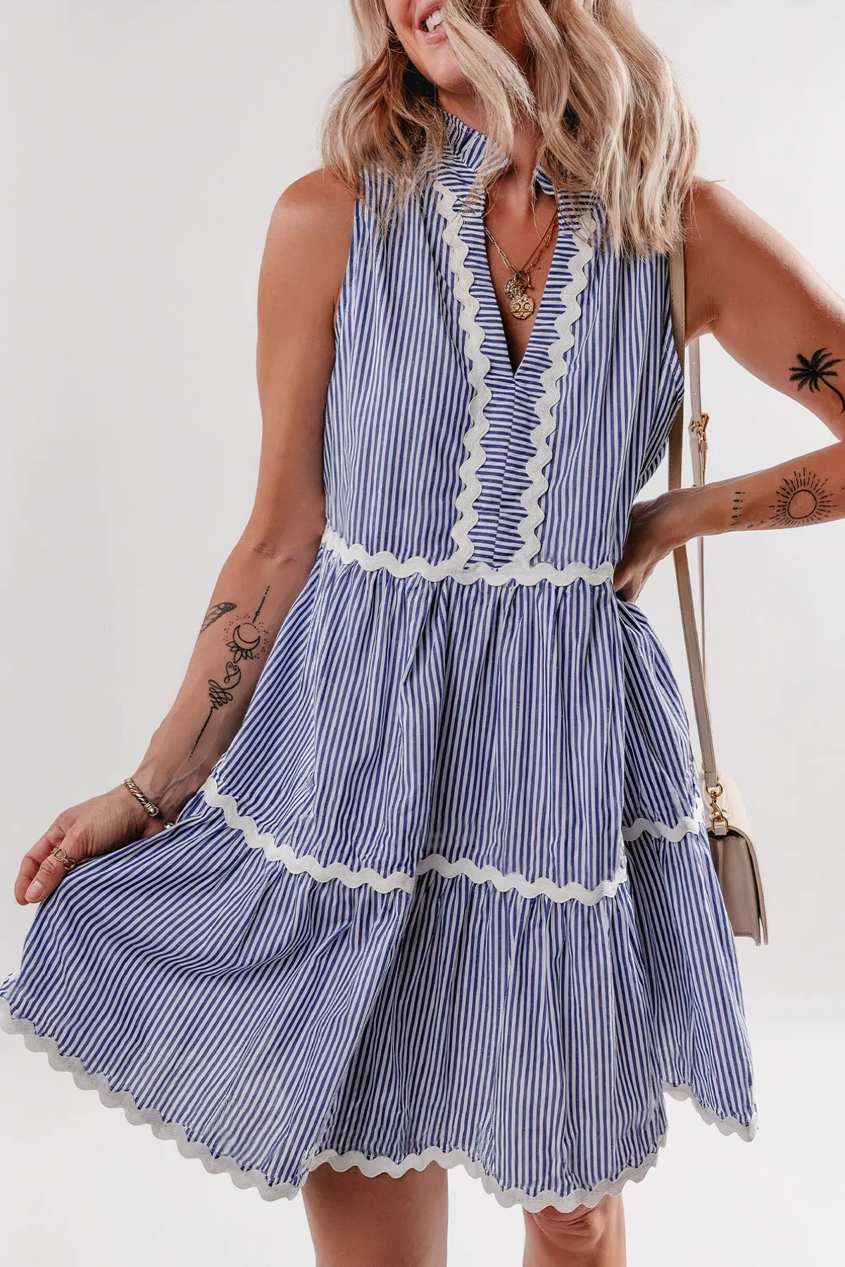 stripe sleeveless notched ric rac mini dress - everyday wear