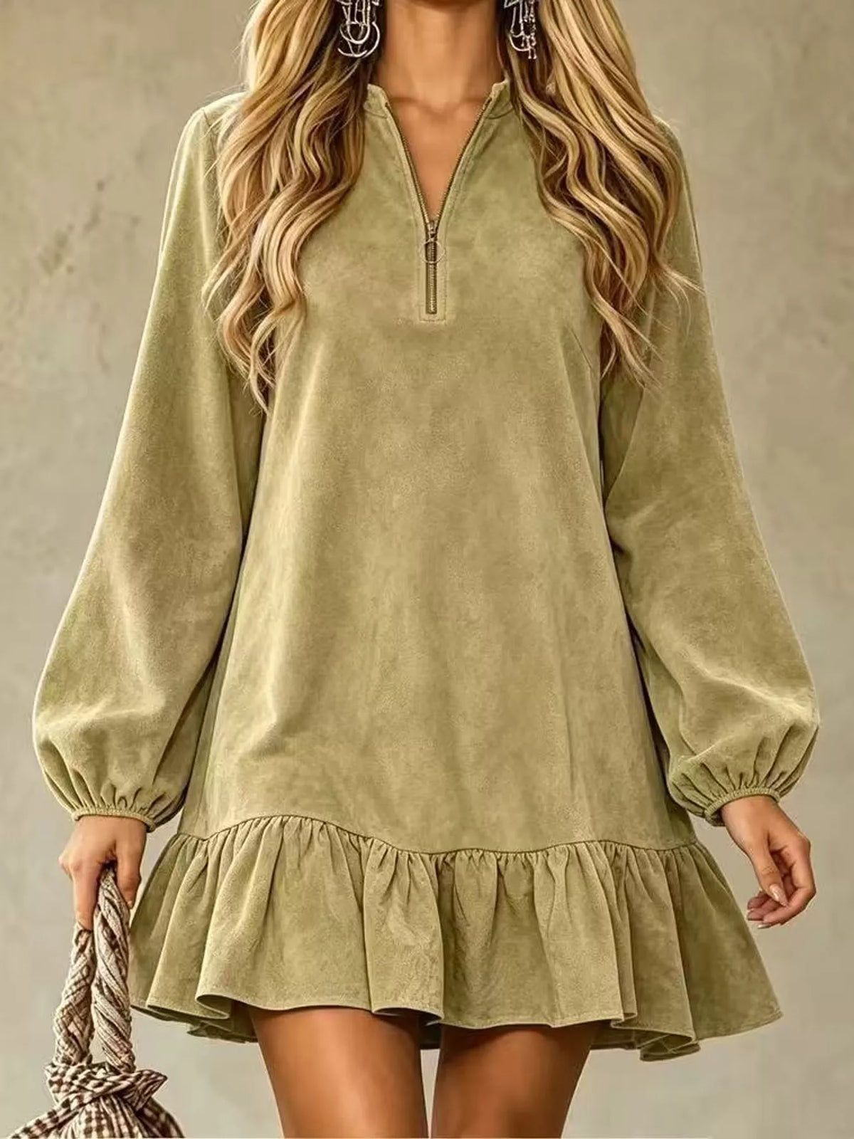 quarter-zip ruffle hem mini dress | dropsona - neutral - everyday use