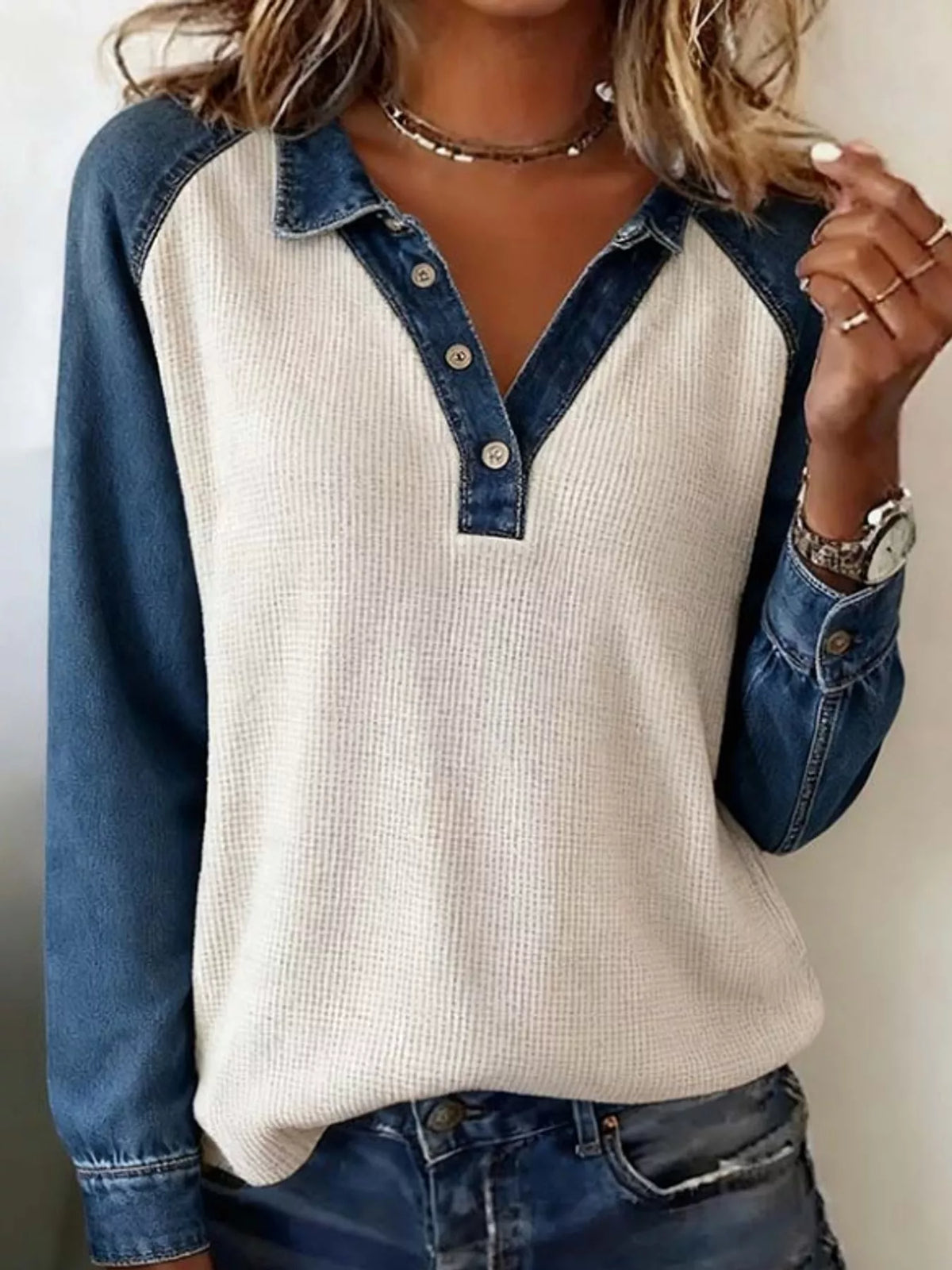 full size waffle knit denim patchwork button detail | dropsona - neutral - everyday use