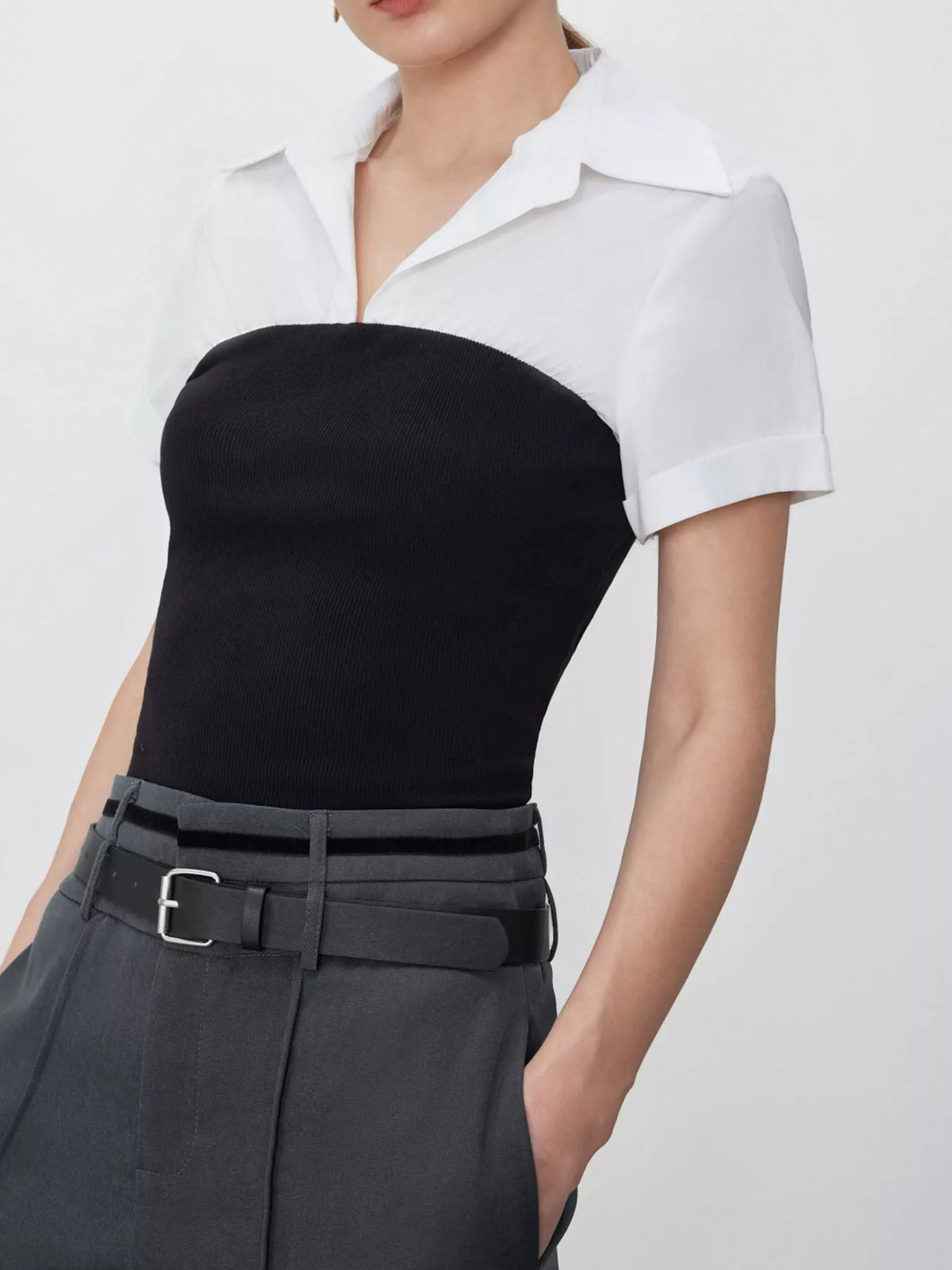color-block short sleeve blouse | dropsona polyester 100% - neutral - front view