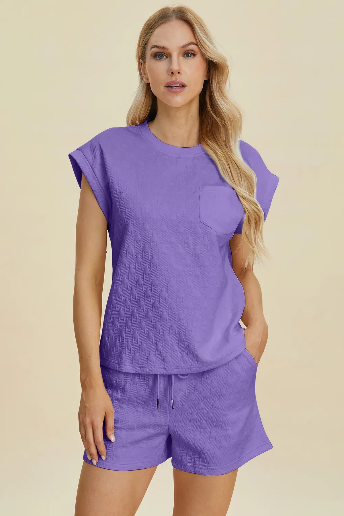 double take full size pocketed texture round neck top and shorts set - everyday wear