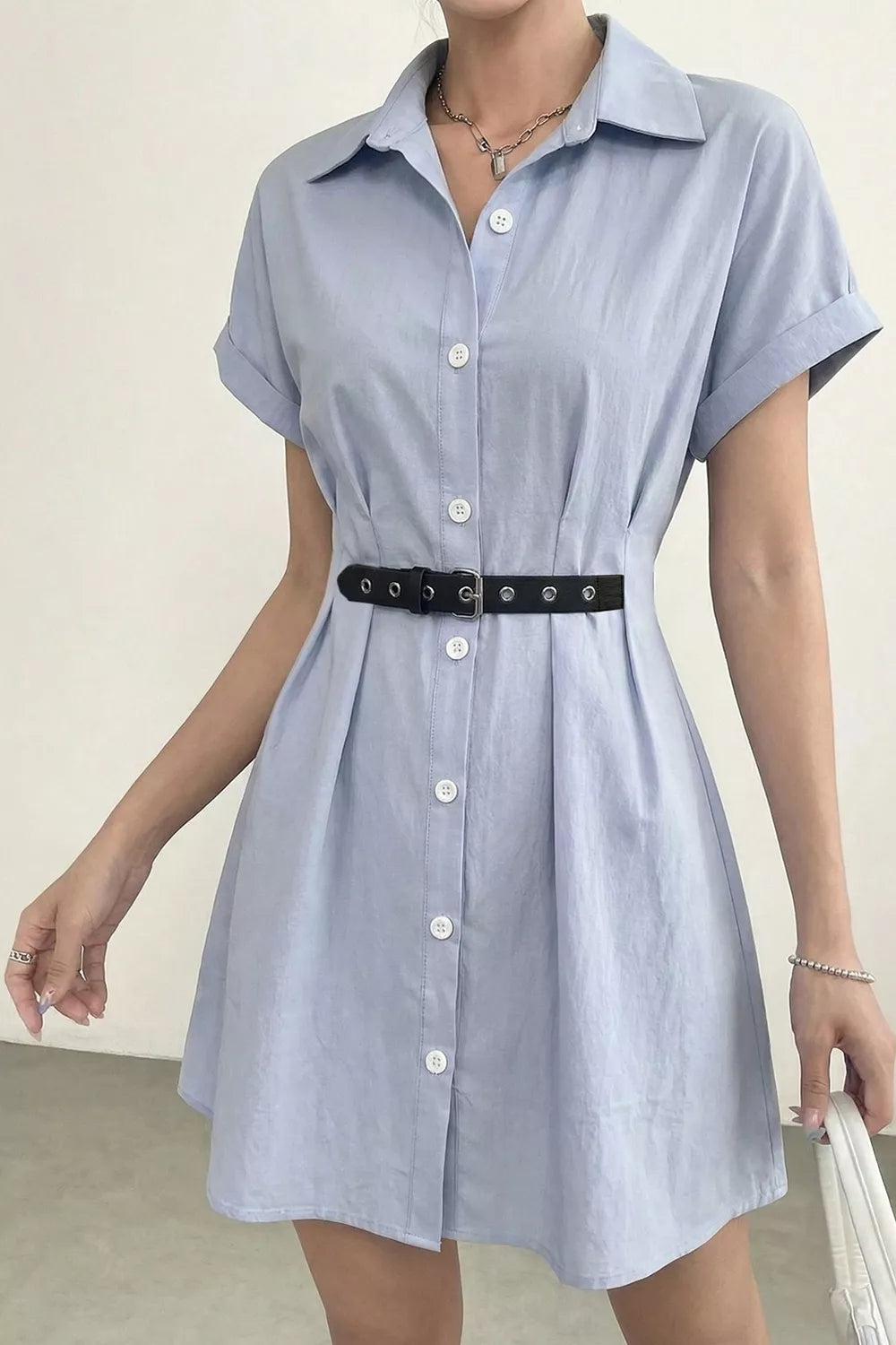 button up short sleeve shirt dress – buttoned | dropsona - neutral - everyday use