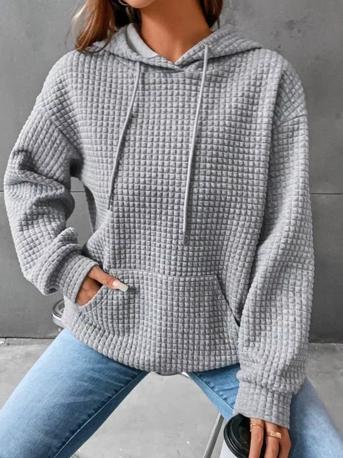full size textured kangaroo pocket hoodie plus size - front view