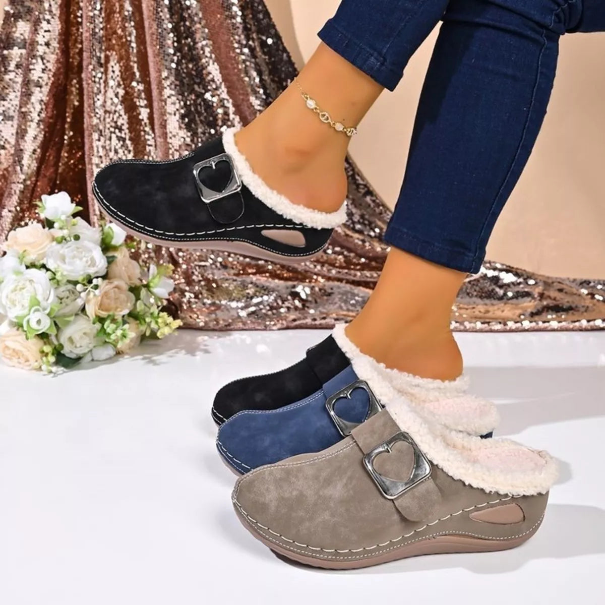 faux fur lined heart buckle slip-ons | dropsona - neutral - everyday use