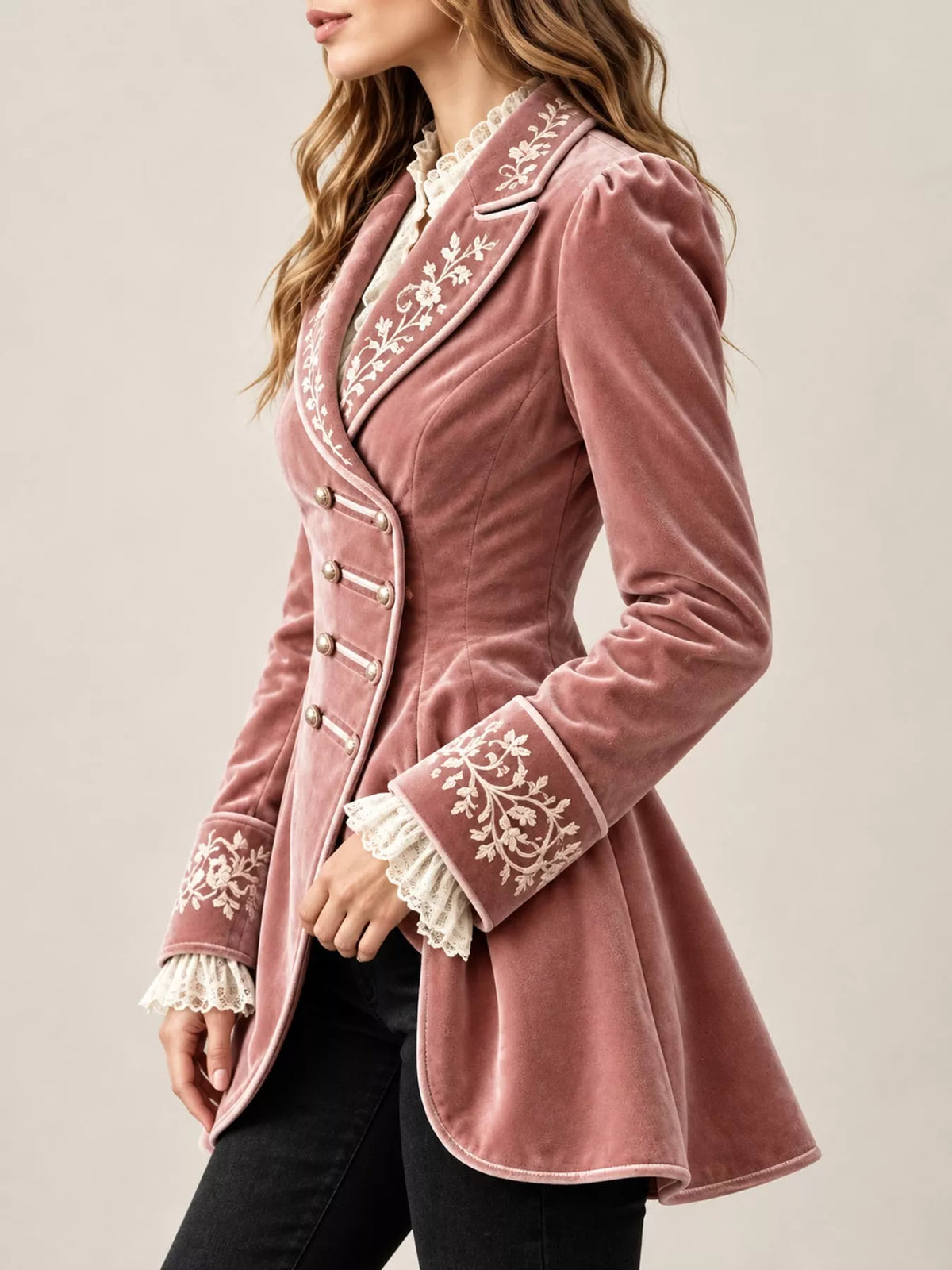 embroidered velvet peplum blazer – buttoned fit | dropsona - neutral - front view