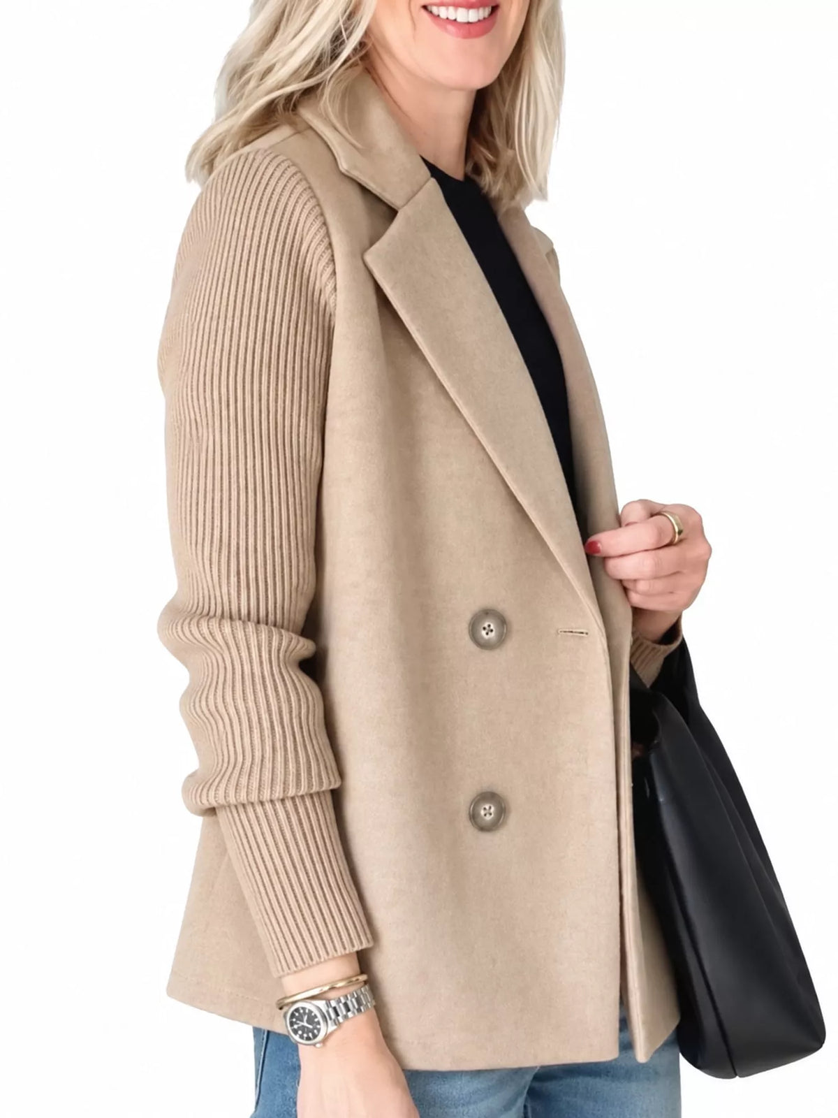 full size double-breasted hybrid blazer with ribbed | dropsona - neutral - everyday use