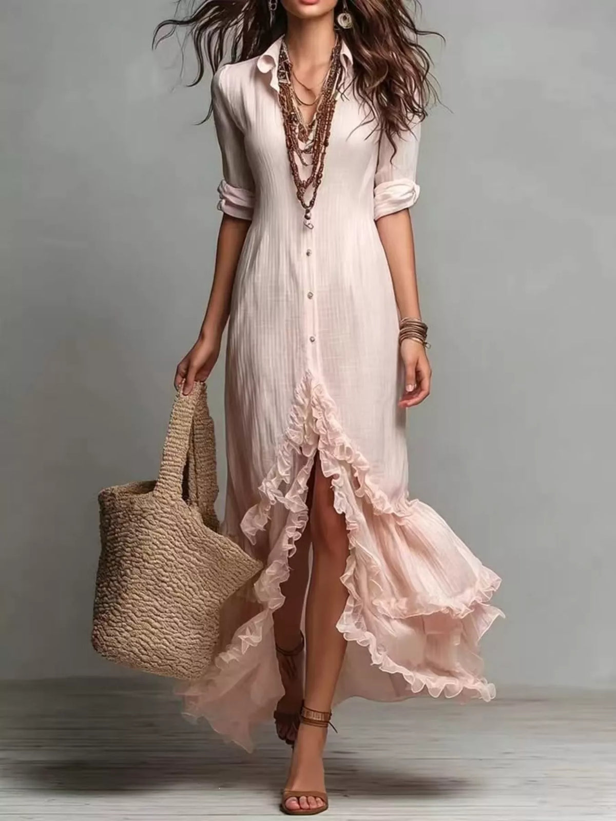 boho chic button-down ruffled high-low maxi dress | dropsona - neutral - everyday use