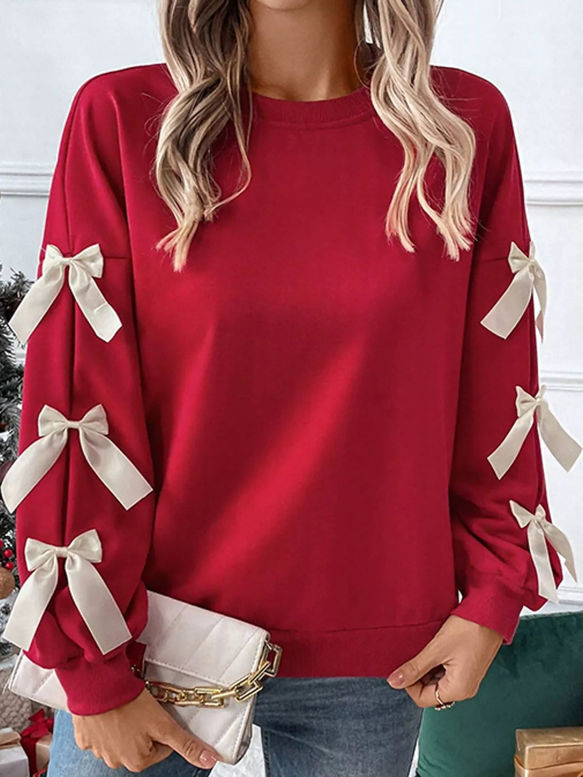 crew neck sweatshirt with decorative bow | dropsona - neutral - everyday use