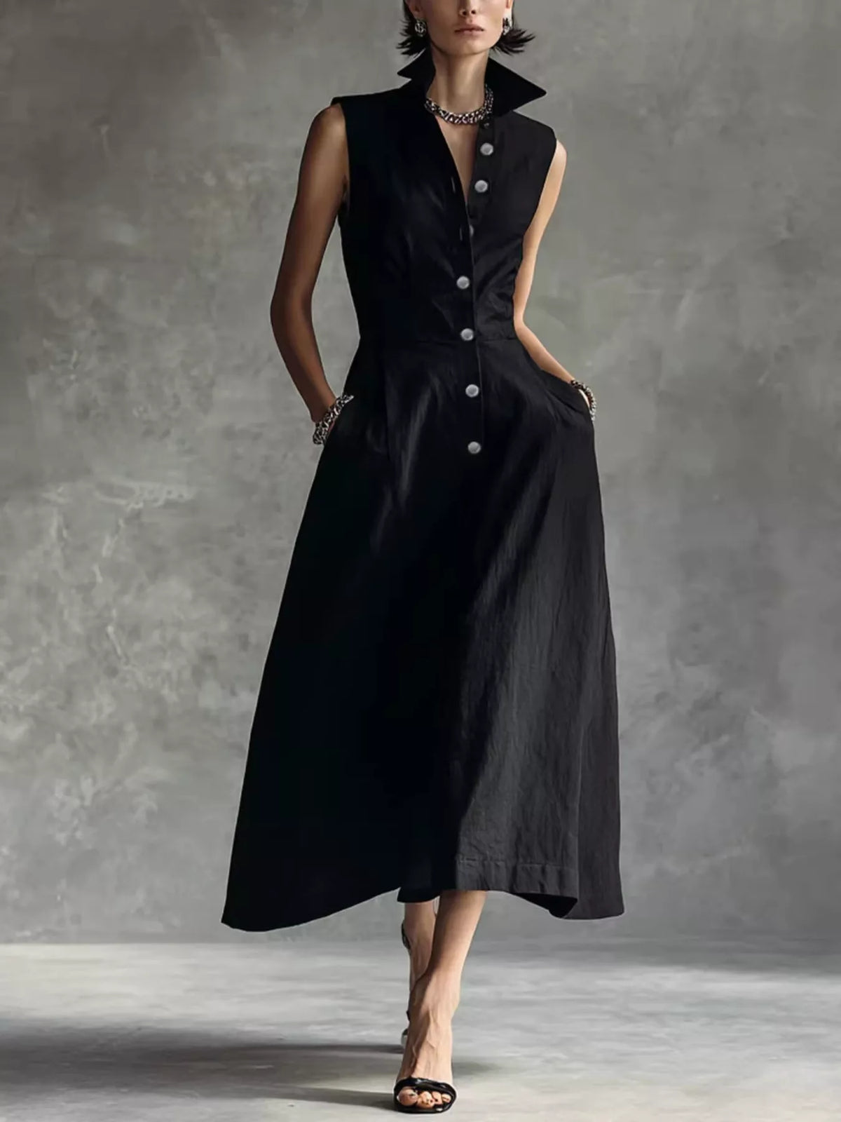sleeveless button-down midi shirt dress | dropsona - neutral - front view