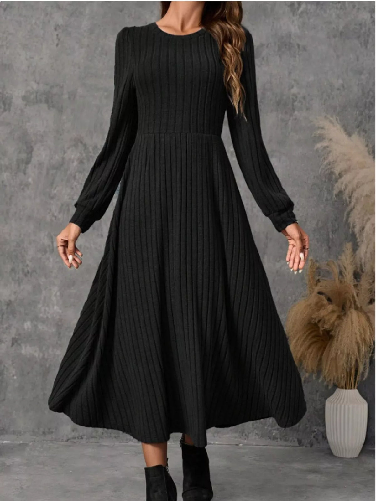 ribbed knit long sleeve a-line midi dress – | dropsona - neutral - everyday use