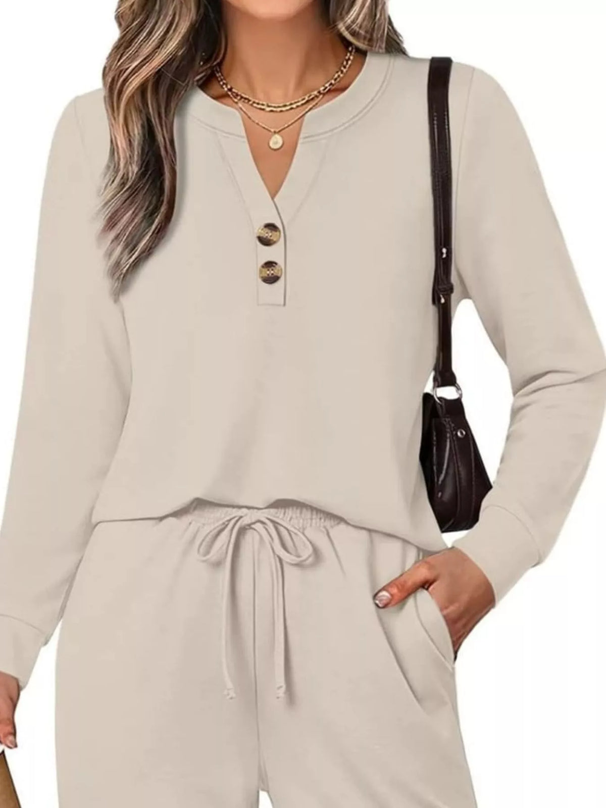 long sleeve top and wide-leg pants set | dropsona - neutral - front view