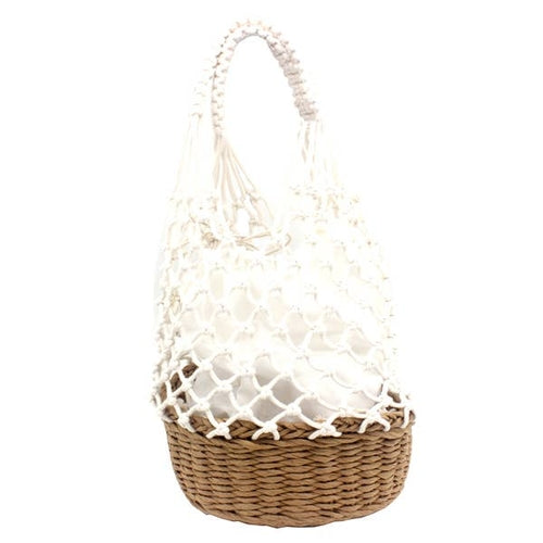 knit basket bag – - black/ white tan straw bas | dropsona - neutral - close-up detail