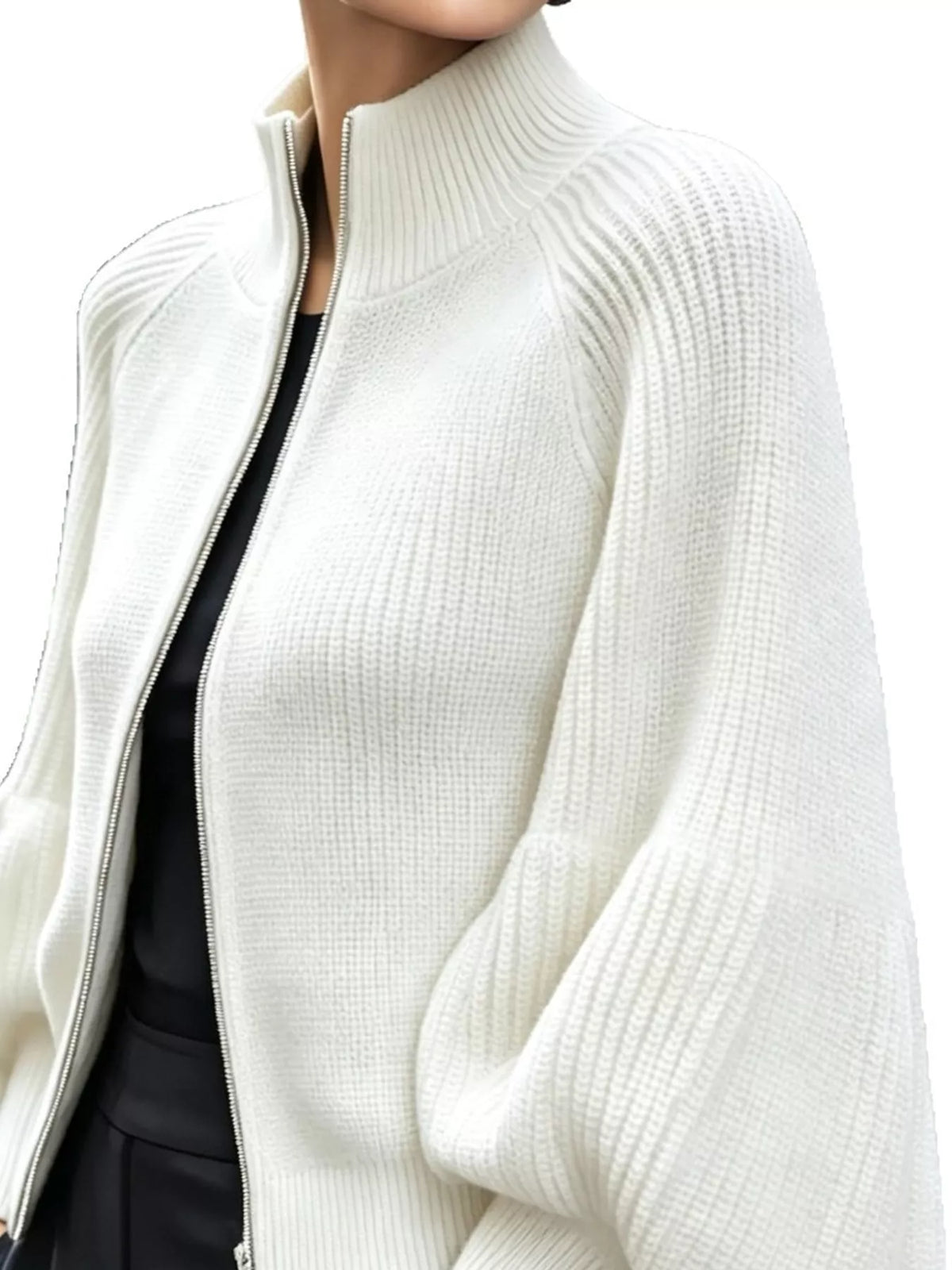 full size elegant ribbed knit zip-up cardigan with | dropsona - neutral - front view