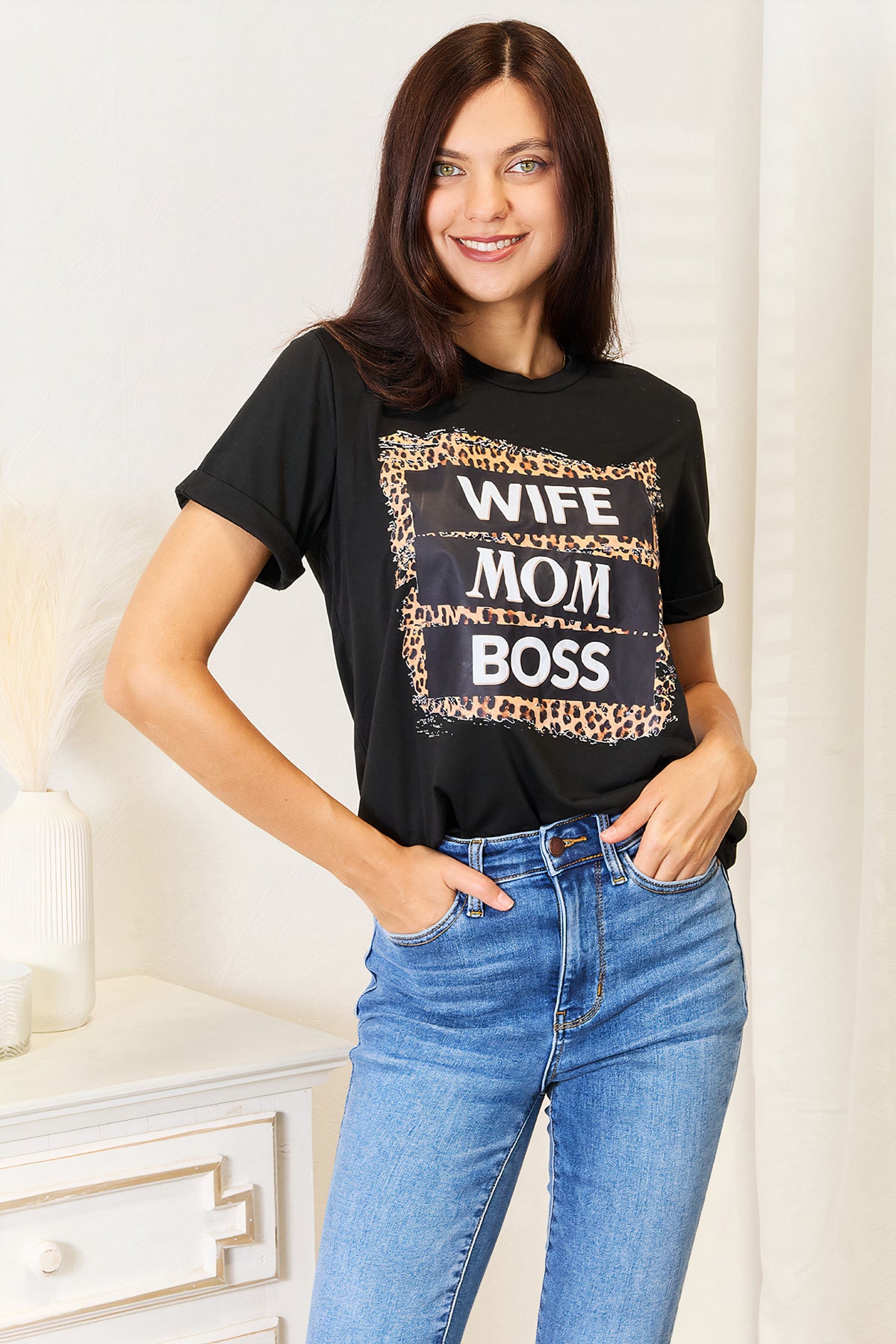 simply love wife mom boss leopard graphic t-shirt - everyday wear