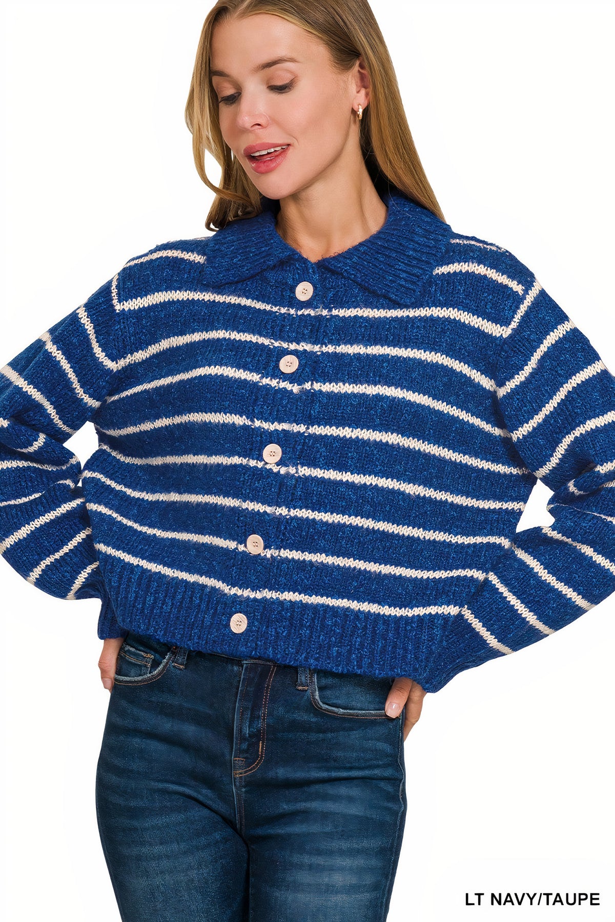 zenana striped collared button down sweater cardigan - everyday wear