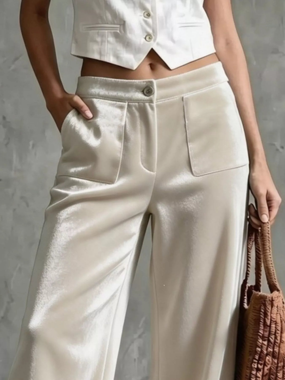 full size high-waisted wide-leg velvet pants with | dropsona - neutral - front view