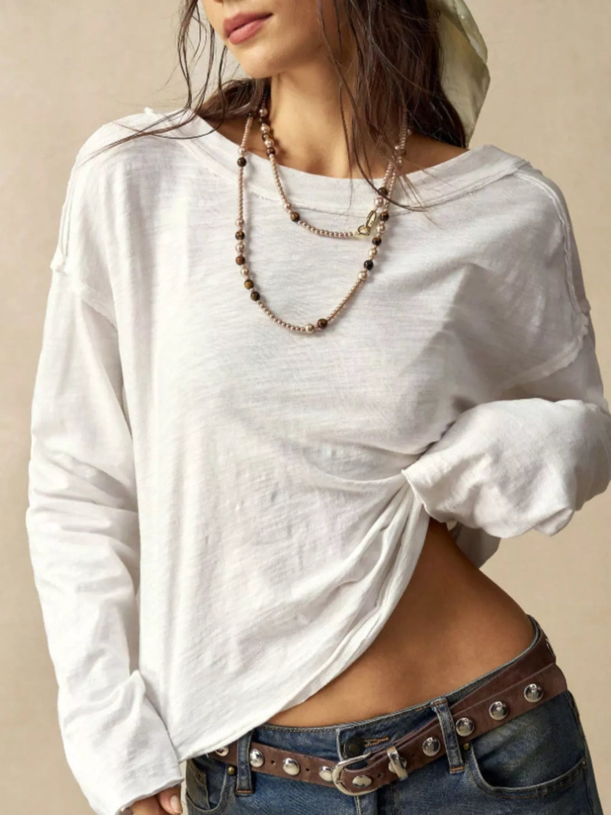 exposed seam long sleeve shirt with two way to wear | dropsona - neutral - everyday use