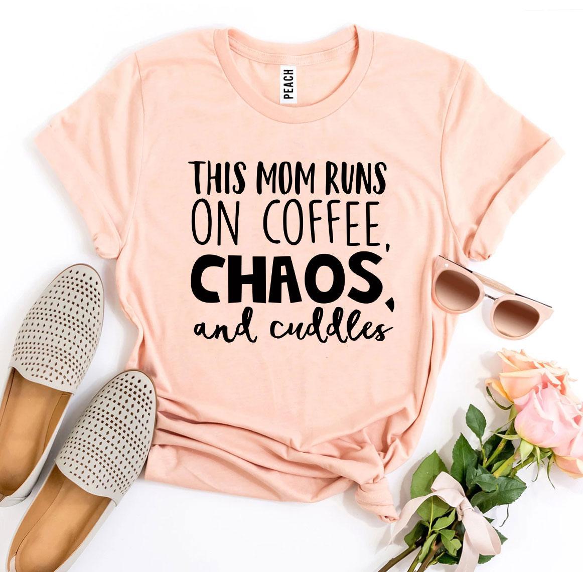this mom runs on coffee, chaos, & cuddles t-shirt | dropsona - neutral - close-up detail