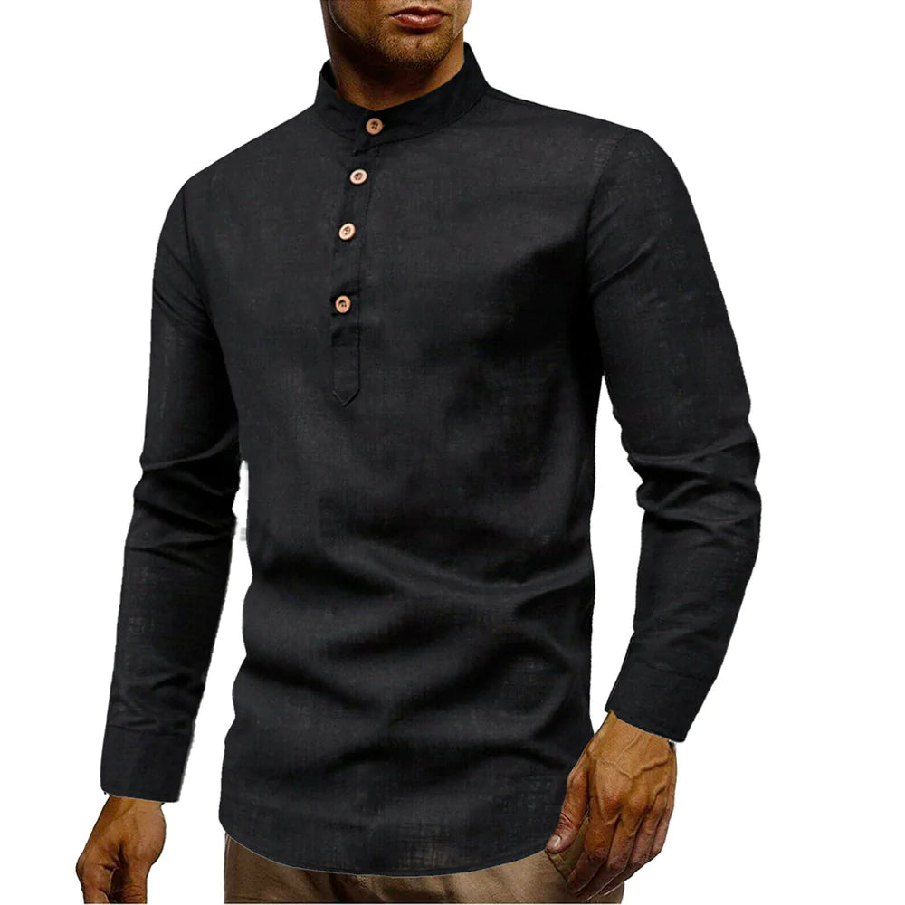 mens stand collar linen shirt – casual round coll | dropsona - neutral - material texture