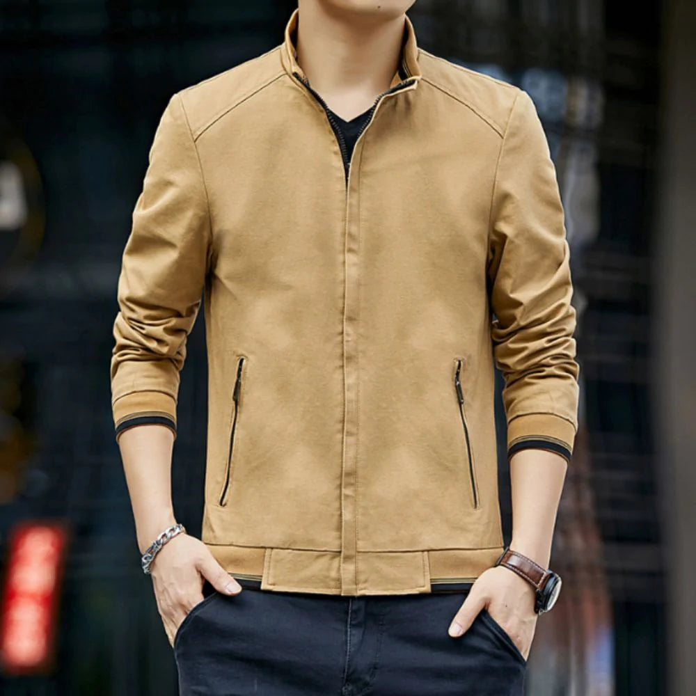 mens stand collar zipped up jacket – casual zip u | dropsona - neutral - front view