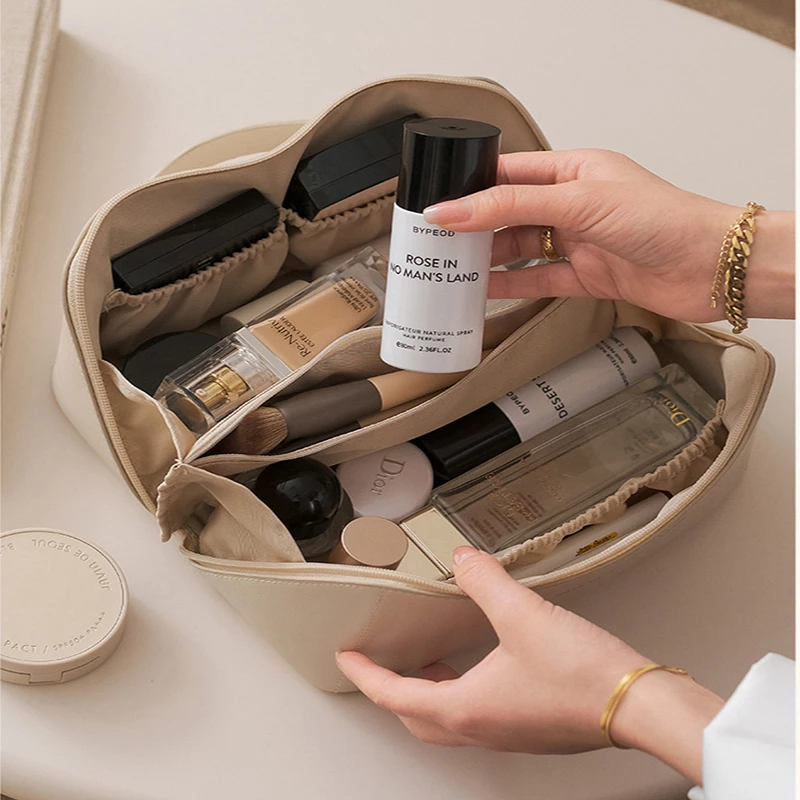 cosmetic bag leather makeup organizer female toiletry | dropsona - neutral - size reference