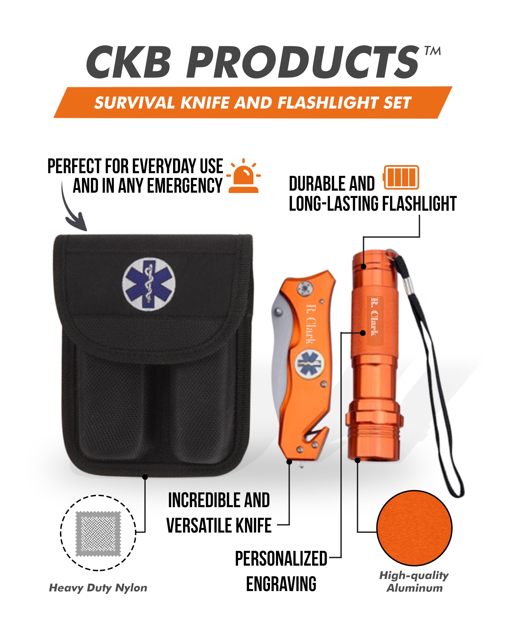 survival knife and flashlight - orange finish emerge | dropsona - neutral - front view
