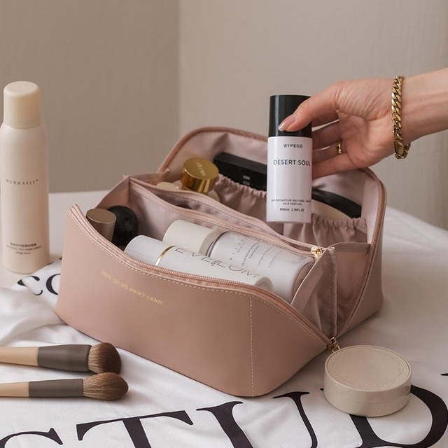 cosmetic bag leather makeup organizer female toiletry | dropsona - neutral - everyday use