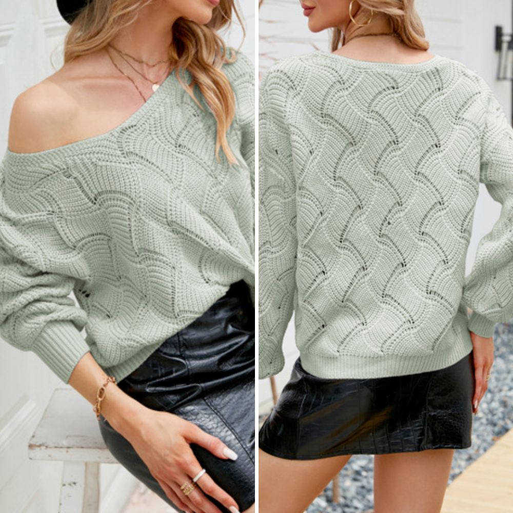 womens v-neck open knit sweater – stylish v neck | dropsona - neutral - size reference