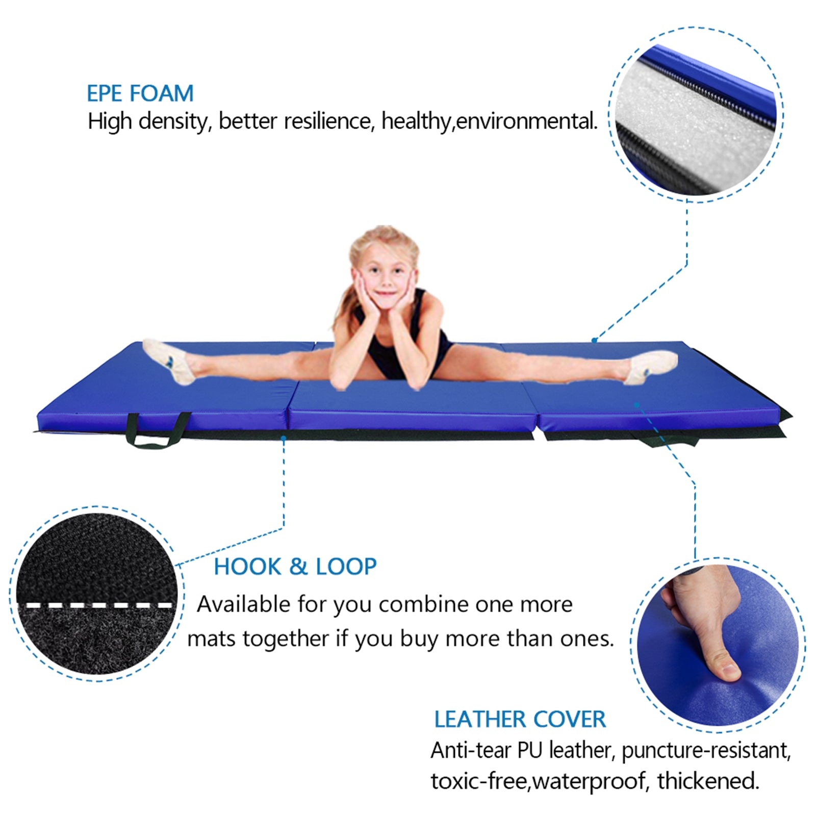 55"x24"x1.2" tri-fold gymnastics yoga mat with hand bu | dropsona - neutral - front view