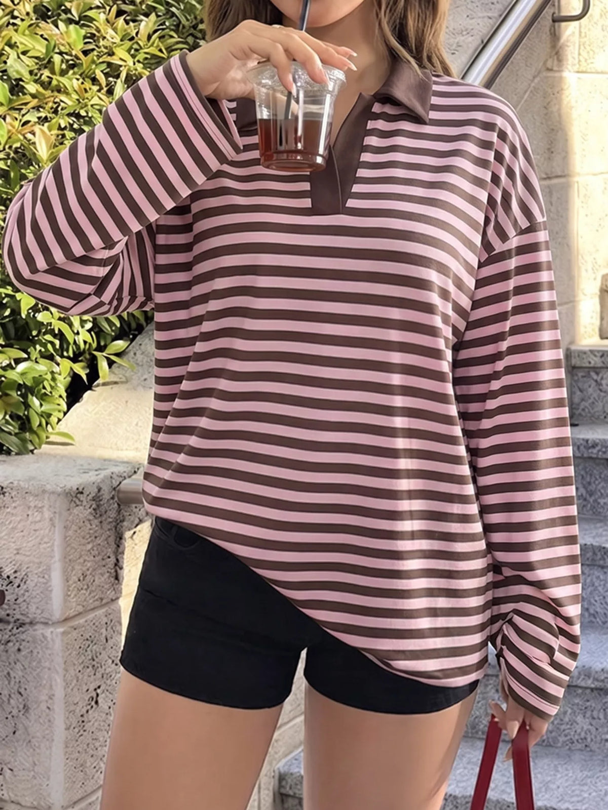 vintage striped polo collar long sleeve top | dropsona - neutral - front view