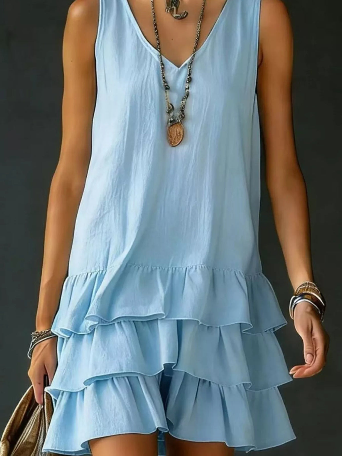 full size ruffled hem v-neck sleeveless dress plus size - front view